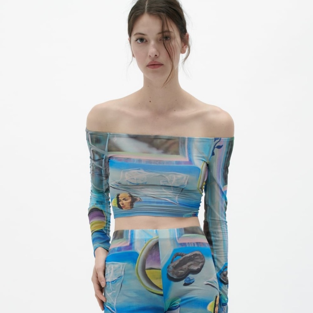 Zara off the shoulder long sleeve crop top with blue multi colored print.